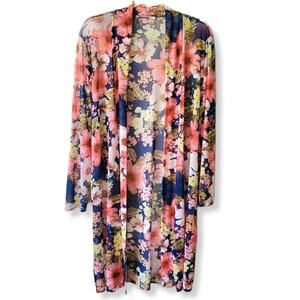 Women Floral Mesh Kimono Duster M Artsy Colorful Sheer Boho Hippie Romantic NEW